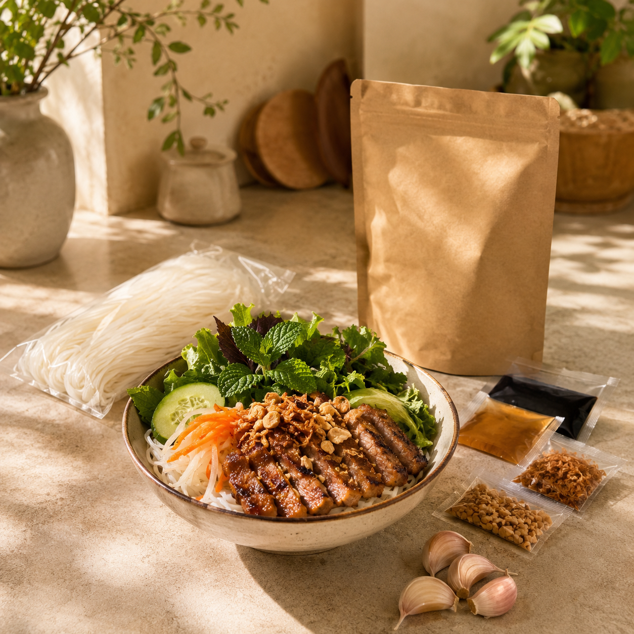 Bún Thịt Nướng Vietnamese grilled pork vermicelli meal starter with noodles and kit ingredients