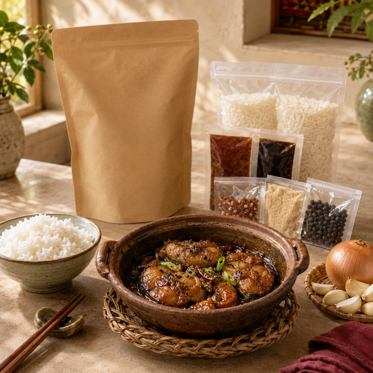 Cá Kho Tộ Vietnamese caramelized clay pot fish meal starter with rice and kit ingredients