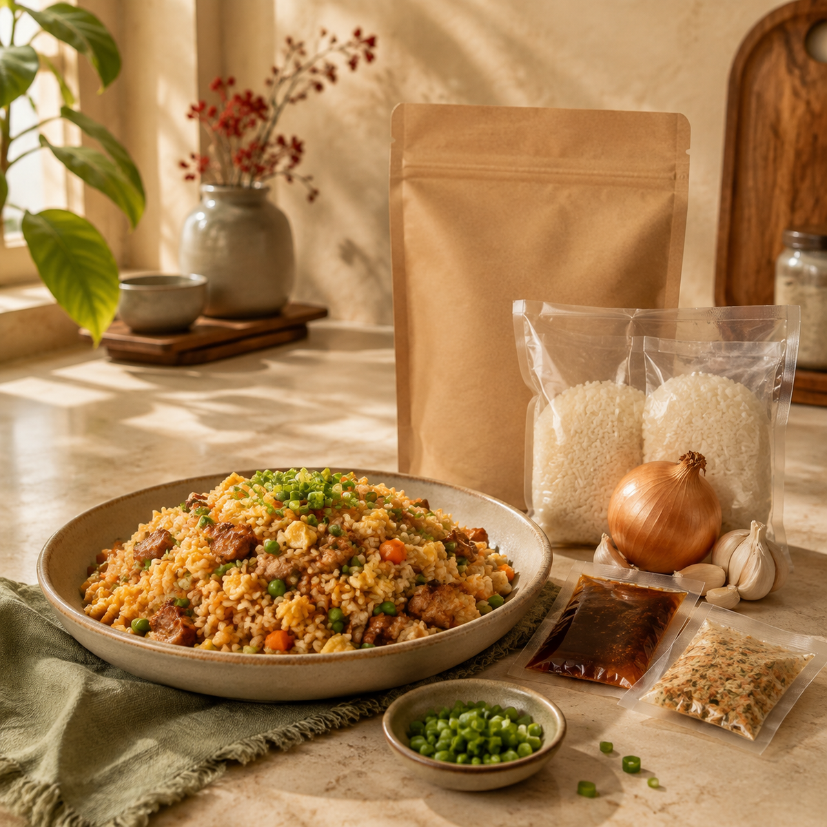 Vietnamese fried rice meal starter with rice and kit ingredients