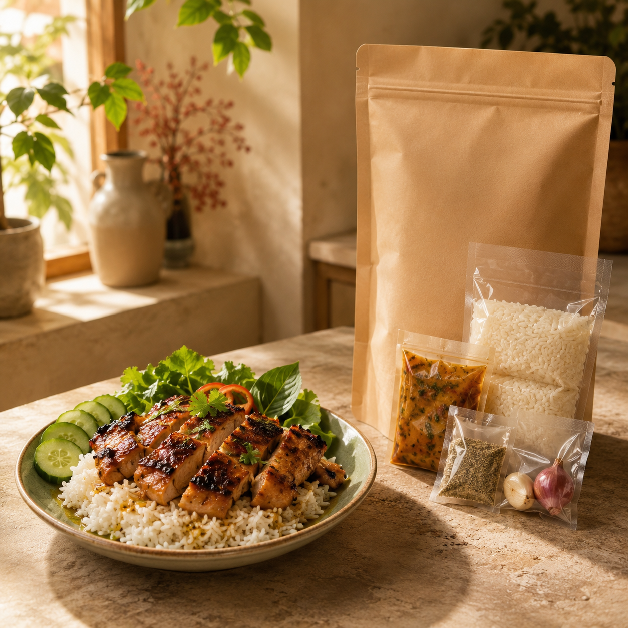 Vietnamese lemongrass chicken meal starter with rice and kit ingredients