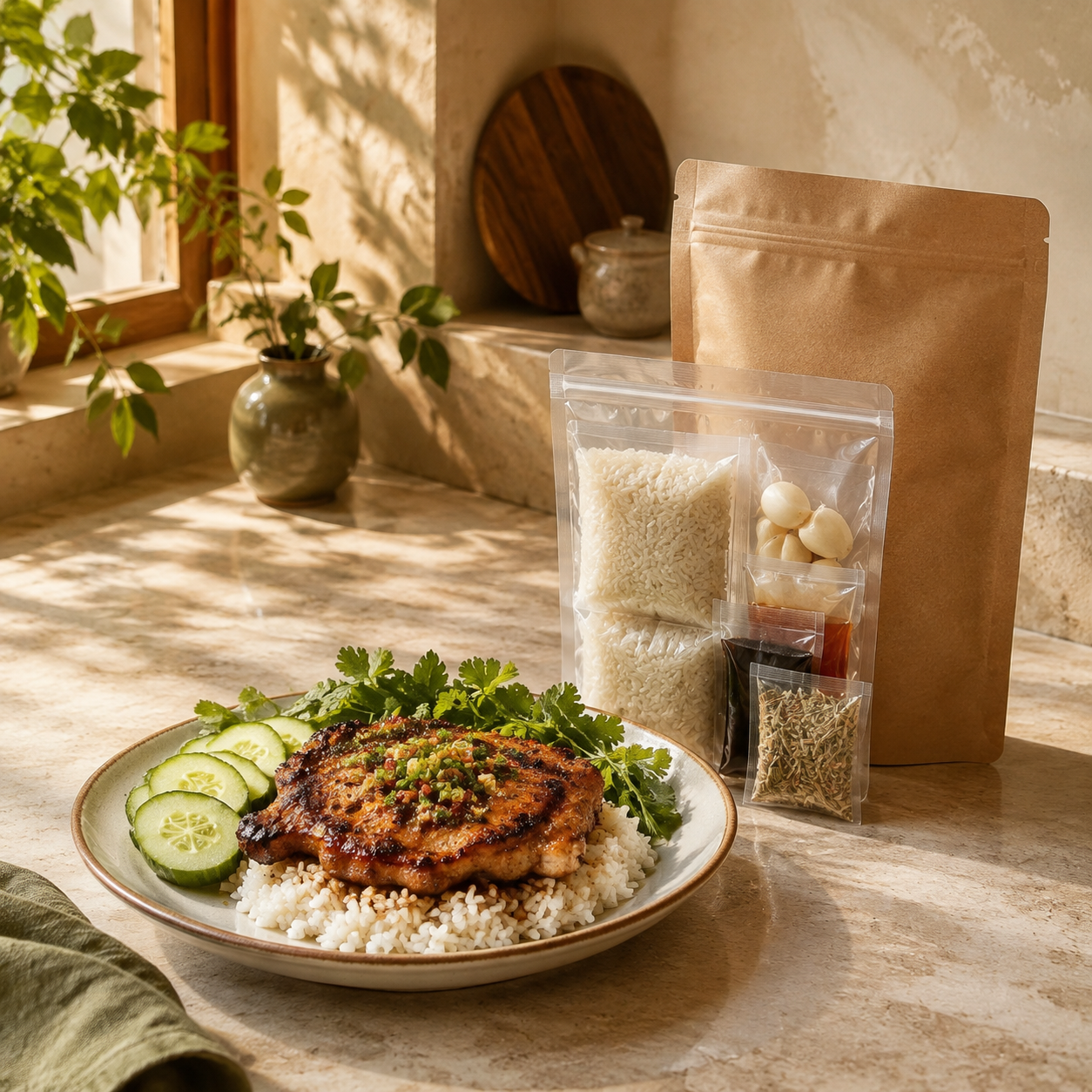 Vietnamese lemongrass pork chop meal starter with rice and kit ingredients