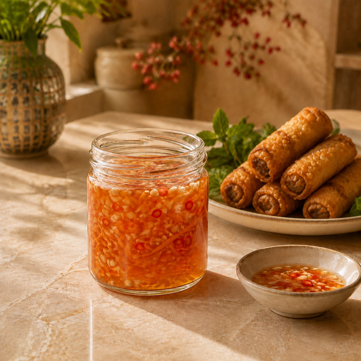 Nước Mắm Vietnamese dipping sauce in a short clear jar with chả giò