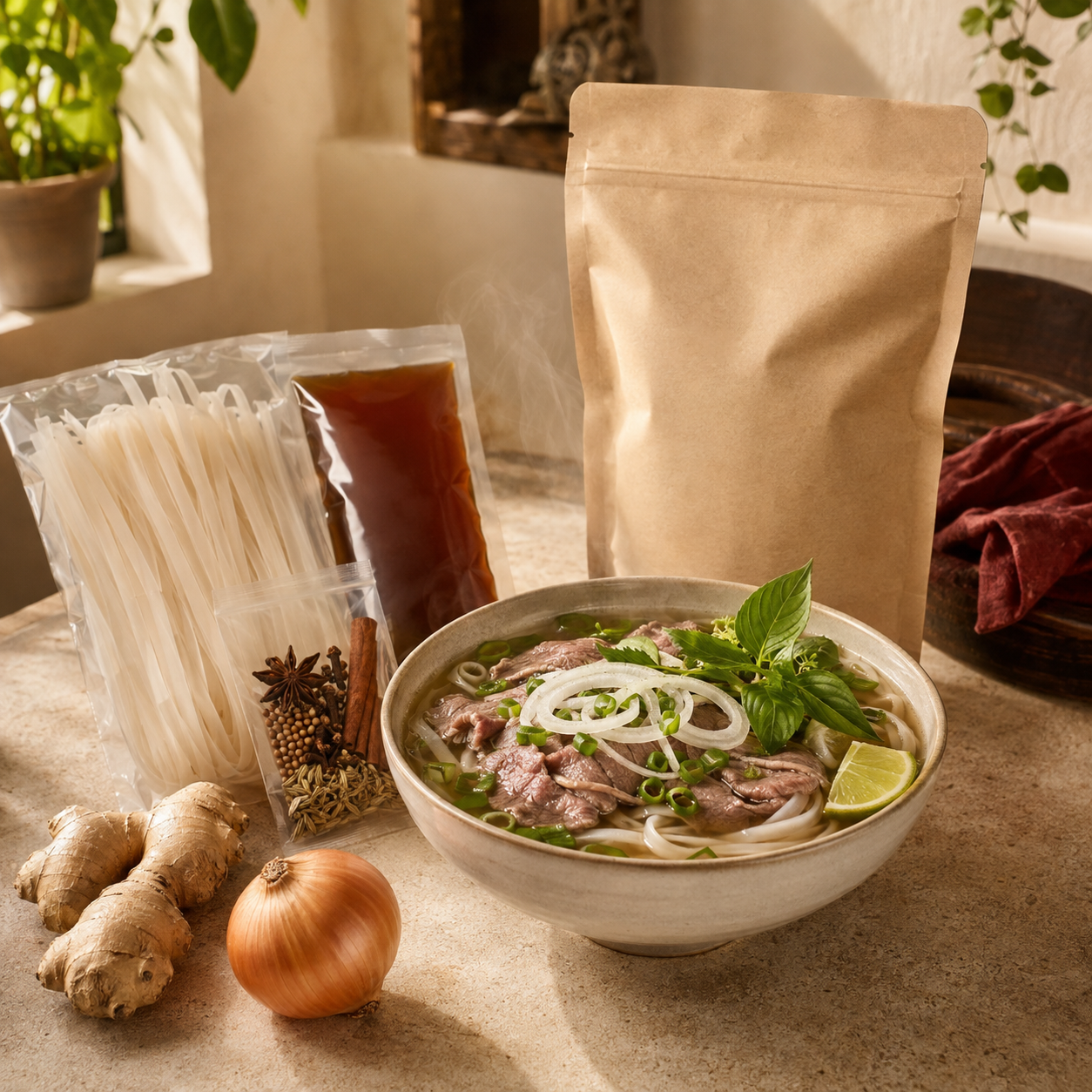 Phở Bò Vietnamese beef pho meal starter with noodles and kit ingredients