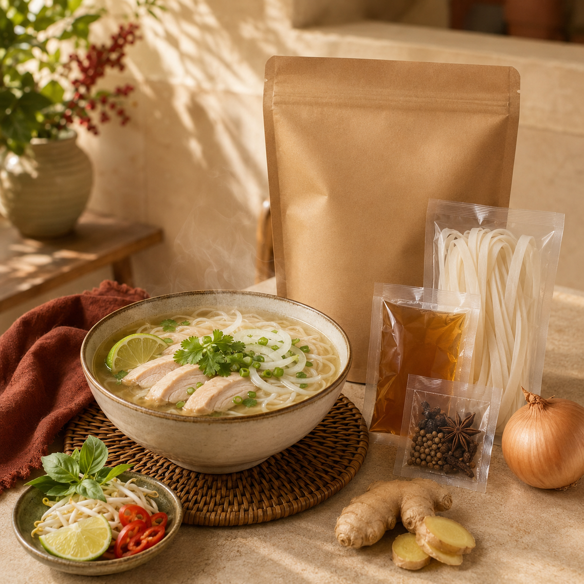 Phở Gà Vietnamese chicken pho meal starter with noodles and kit ingredients