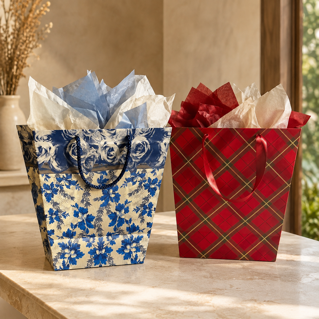 Premium gift bag add-on in blue and red patterns with coordinating tissue paper