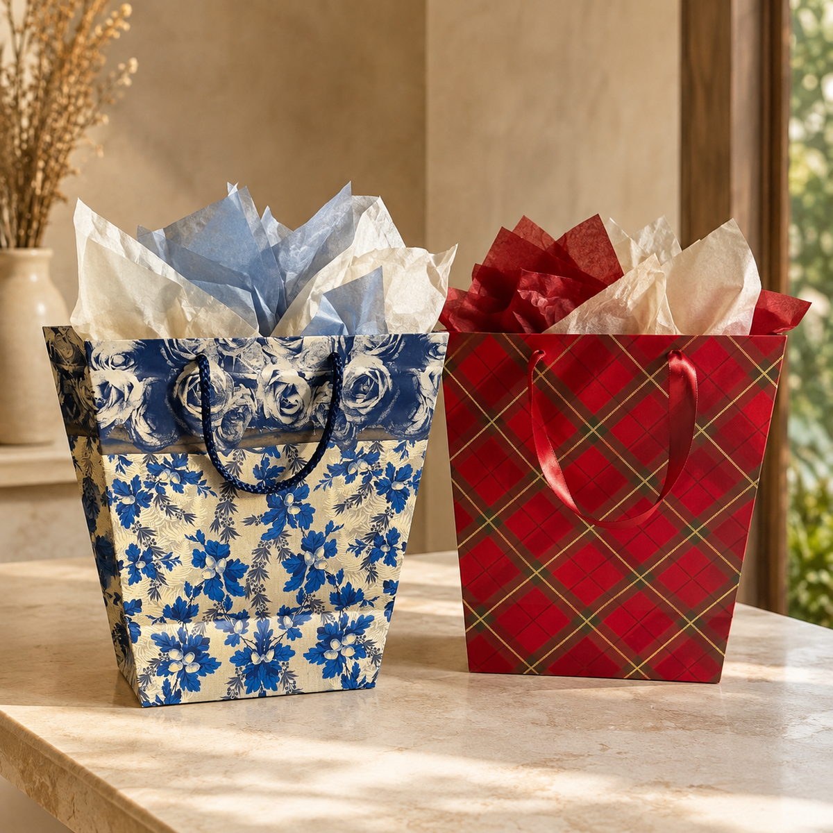 Premium gift bag add-on in blue and red patterns with coordinating tissue paper