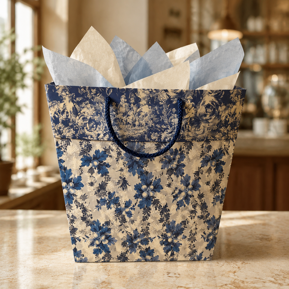 Blue pattern premium gift bag with coordinating tissue paper
