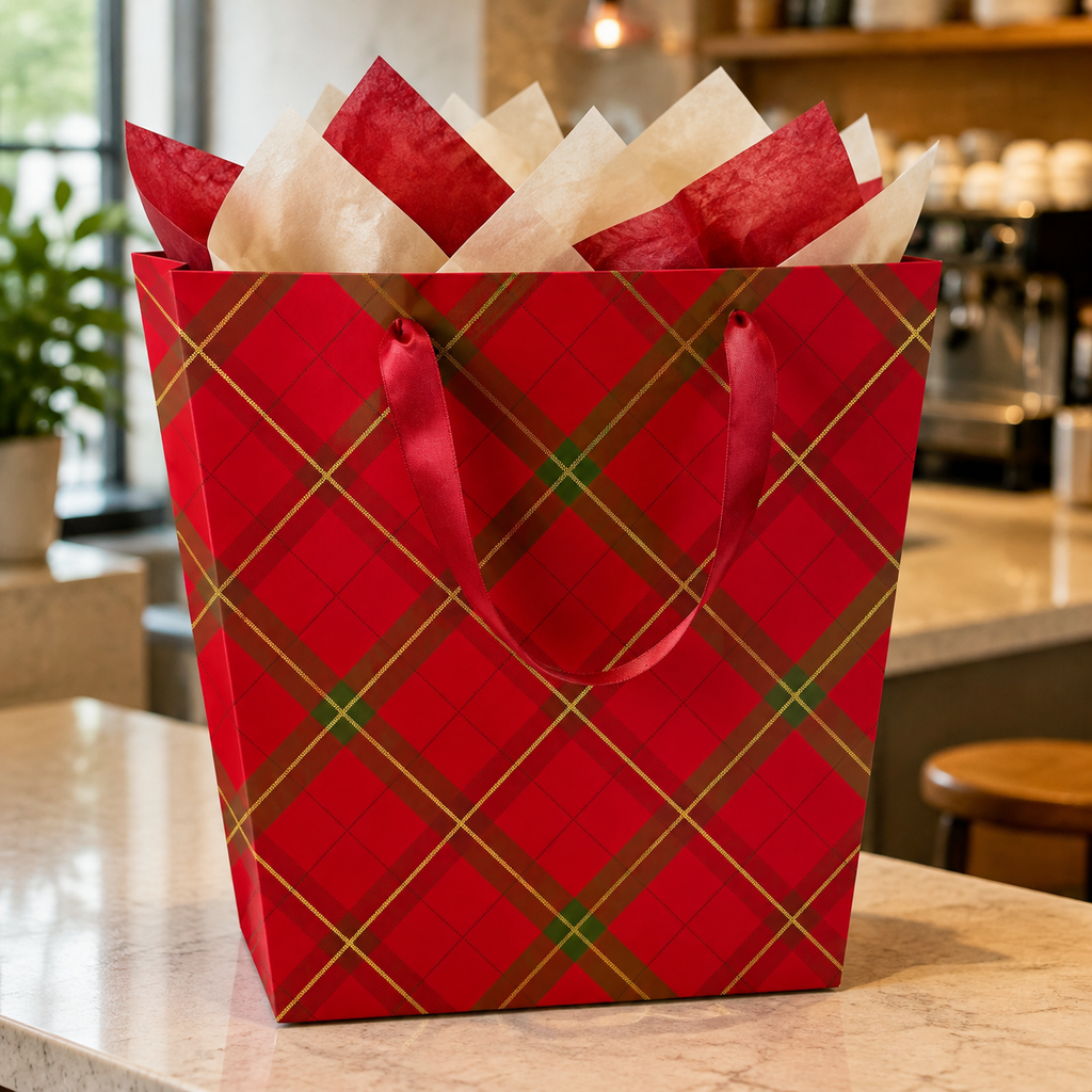 Red pattern premium gift bag with coordinating tissue paper
