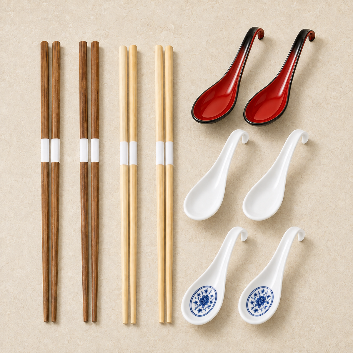Dark bamboo and light wood chopsticks with bicolor black-outside red-inside, white, and blue-and-white hooked soup spoon choices