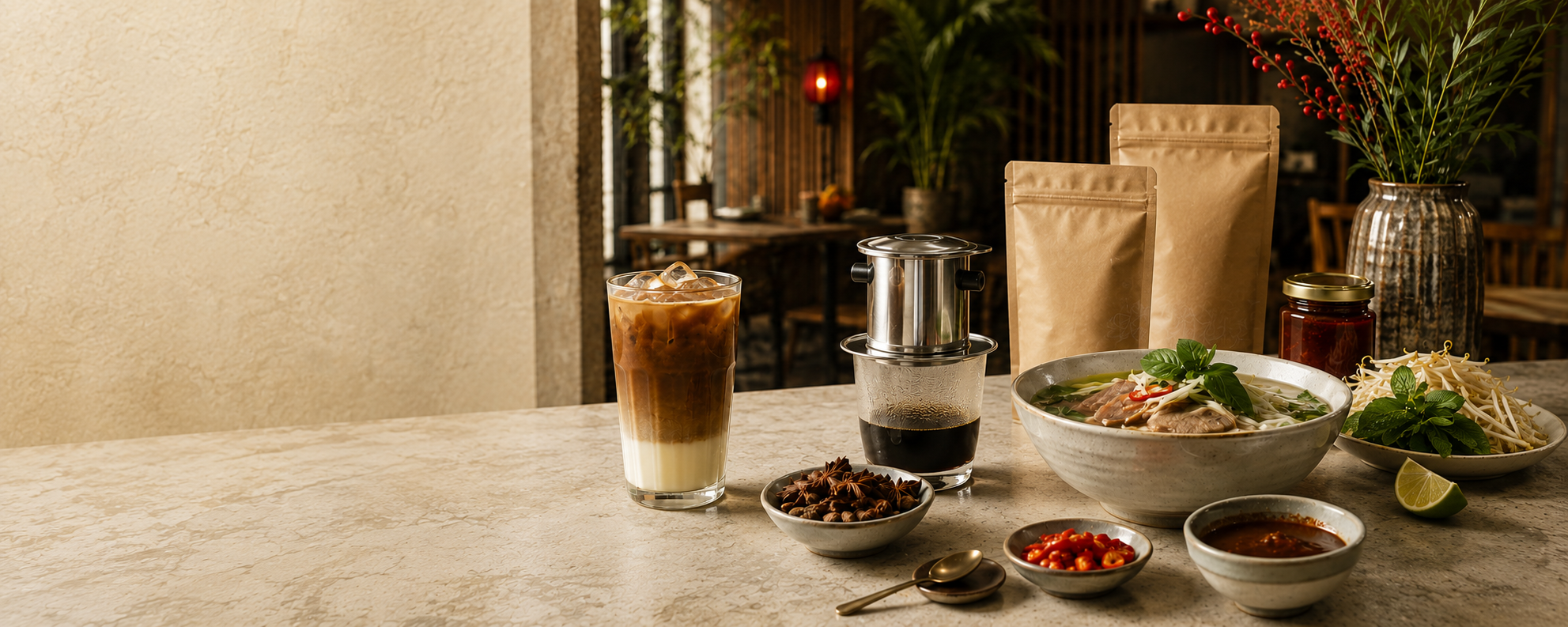 Vietnamese coffee, pho, seasonings, and sauces arranged across a warm cafe counter