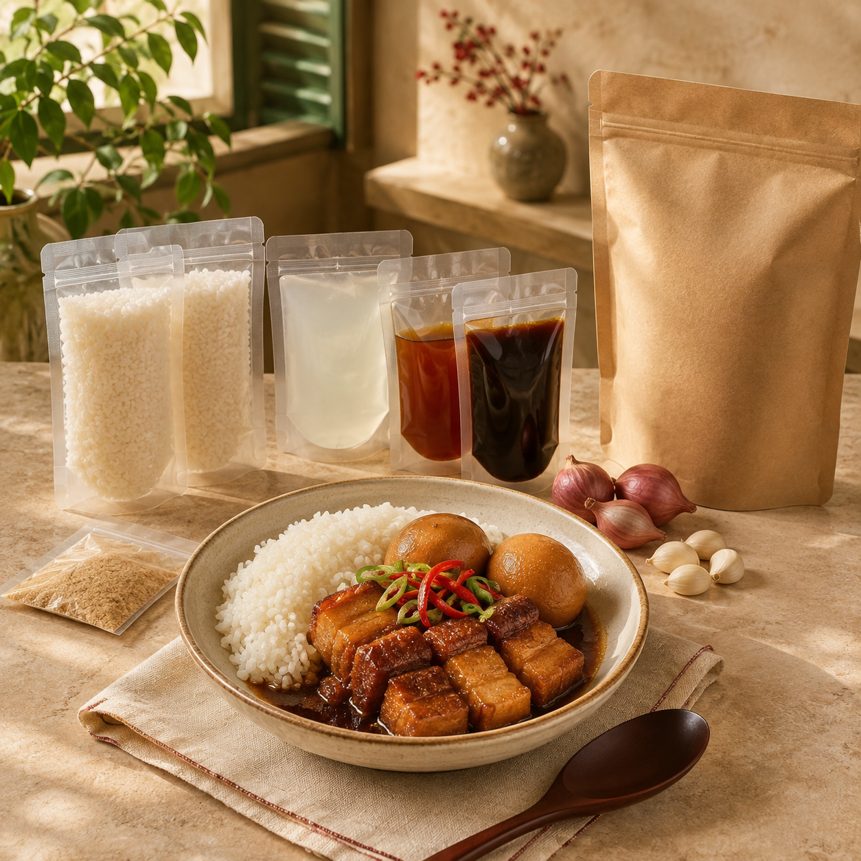 Thịt Kho Vietnamese caramelized pork and egg meal starter with rice and kit ingredients