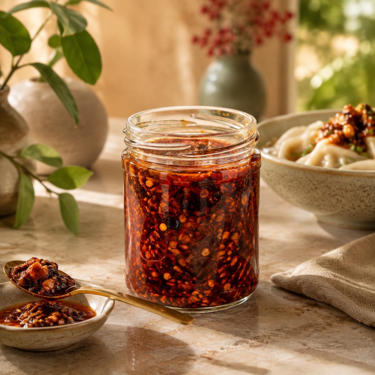 Small-batch Vietnamese chili oil in an estimated 8-ounce jar